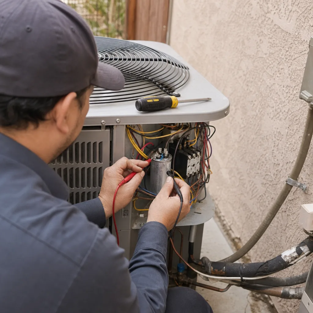HVAC technician testing an air conditioning capacitor with a multimeter