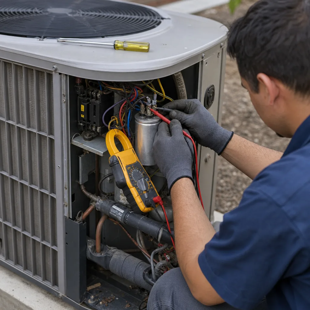 HVAC technician testing an air conditioner capacitor with a multimeter