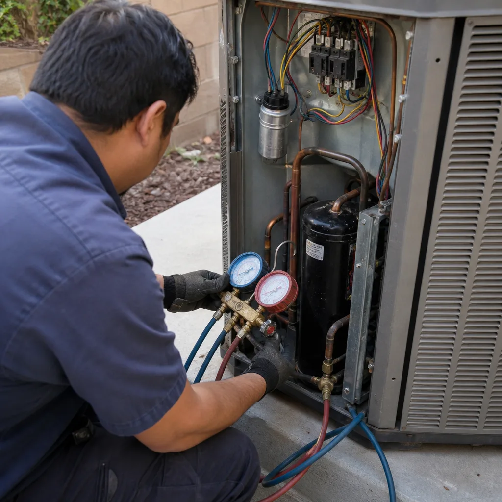 HVAC technician performing AC repair with refrigerant pressure gauges on outdoor unit
