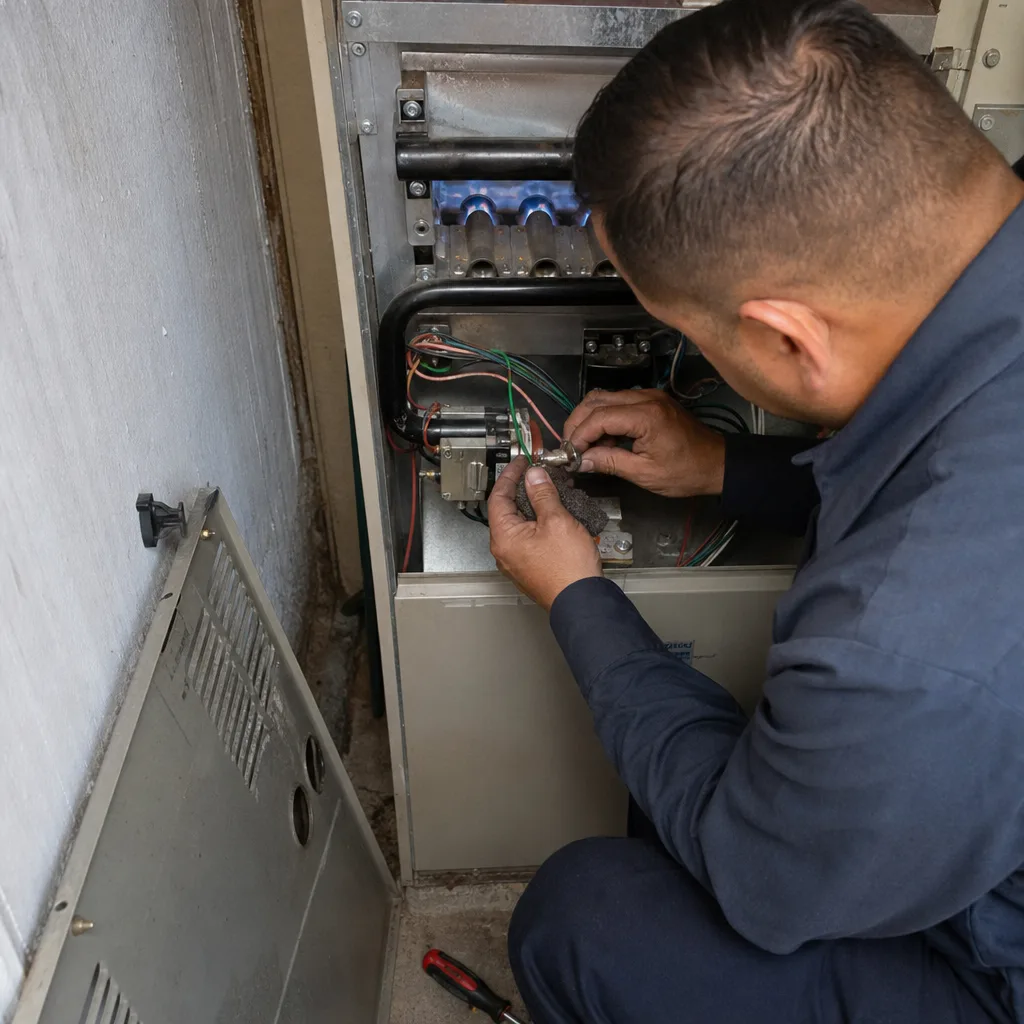 HVAC technician performing furnace repair on an open heating system