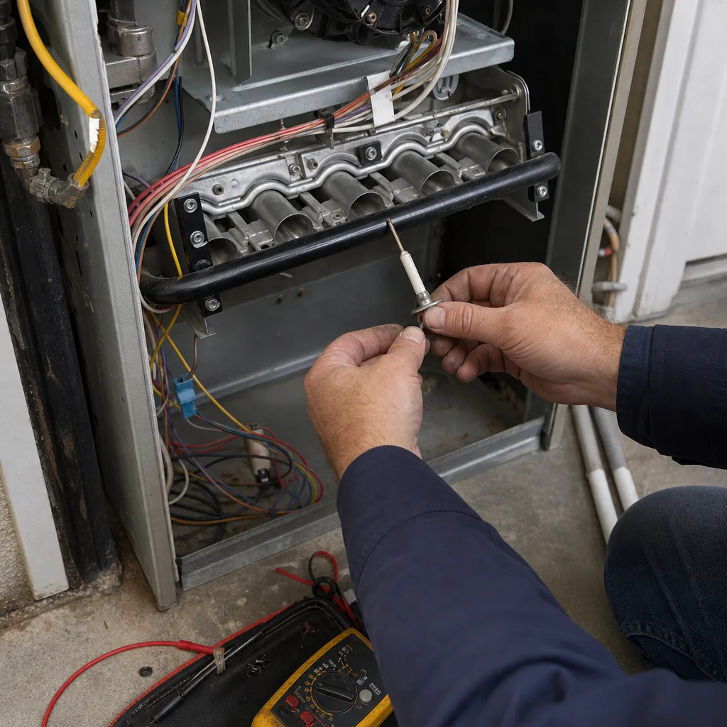 HVAC technician performing furnace repair and maintenance on a gas furnace